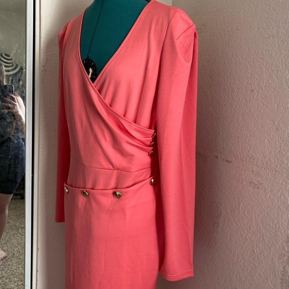 SOLD Coral Pink Bandage Bodycon Asymmetrical Knee-length studded dress Size XL - Picture 5 of 5